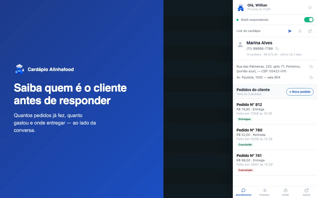 Painel do Alinhafood aberto ao lado da conversa no WhatsApp Web, mostrando a ficha do cliente e os pedidos dele